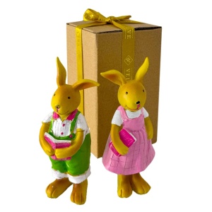 Set decorativ de primavara, cu figurine din rasina Rabbit, Multicolor, 14 cm