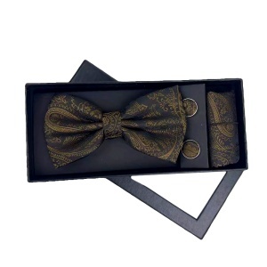 Set 3 piese Elegant pentru barbati, cu papion, butoni si batista din stofa, Verde inchis-Auriu