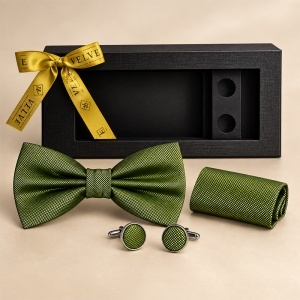 Set 3 piese Elegant pentru barbati, papion, batista si butoni, Verde lime - Img 4