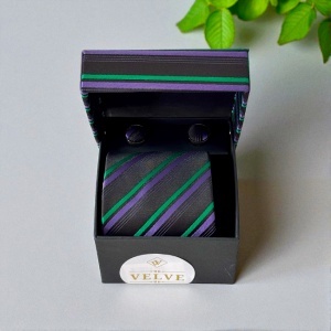 Set 3 piese Tie, pentru barbati, cravata, batista si butoni, Negru - Img 3