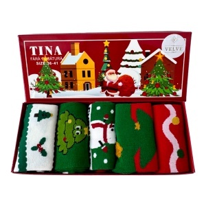 Set 5 perechi șosete bumbac, pentru femei, cu tematică de Crăciun, 36-39, in cutie tematica, Verde