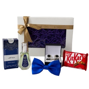 Set barbati Royal Blue Edition, cu parfum arabesc Sayaad Al Quloob 50 ml, papion albastru, butoni, ac de cravata si ciocolata