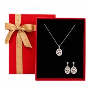 Set bijuterii dama Feeling din inox cu colier si cercei, pandantiv oval cu cristale, in cutie eleganta