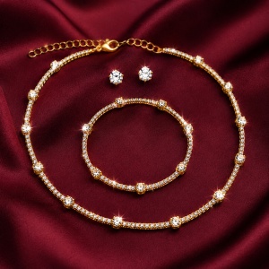 Set bijuterii elegante, colier, bratara si cercei cu cristale transparente, in cutie cadou, Auriu - Img 2