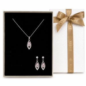 Set bijuterii Feeling Drop, colier cu pandantiv si cercei alungiti cu cristale roz, in cutie cadou, Argintiu