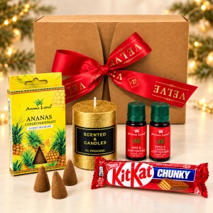 Set cadou Aroma Bliss, cu KitKat Chunky, lumanare, conuri Ananas si 2 uleiuri parfumate, Model Galben - Img 2