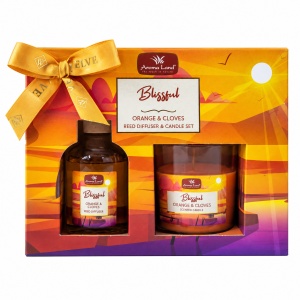 Set cadou Aroma Land Blissful, difuzor cu betisoare 100 ml si lumanare parfumata, Portocala si cuisoare
