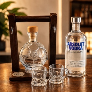 Set cadou barbati, cu sticla in forma de minge de fotbal 200 ml, 2 pahare, suport din lemn si Absolut Vodka 200 ml - Img 3
