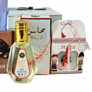Pachet cadou femei Ritt, martisor, esarfa, ciocolata Ritter, parfum arabesc, in cutie eleganta cu funda 4
