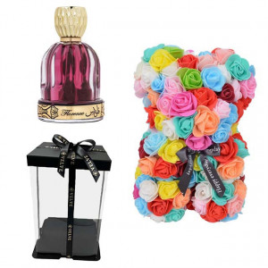 Set cadou femei, Ursulet floral din spuma 25 cm si Parfum Wadi Al Khaleej Florence 100 ml