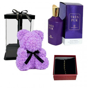 Set cadou femei, Ursulet floral din spuma, Parfum Grandeur Elite Tres Pure 100 ml si bratara zirconiu in cutiuta