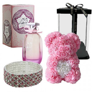 Set cadou femei, Ursulet floral din spuma roz cu inima alba, Parfum Al Sultan, Hareem, Femei 100ml si Bratara cu pietre semipretioase