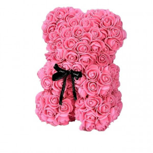 Set cadou fete, Ursulet floral roz cu inima alba din spuma 25 cm si Parfum Wadi al Khaleej 100ml