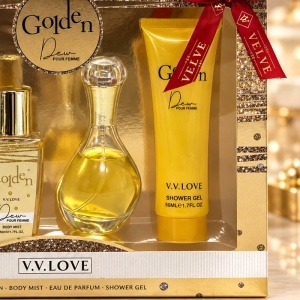 Set cadou femei V.V.LOVE Golden, apa de parfum 30 ml, body mist, gel de dus si lotiune de corp - Img 3