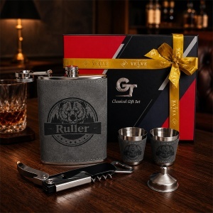 Set cadou pentru barbati Ruler cu plosca, 2 pahare, palnie si tirbuson, in cutie eleganta - Img 3