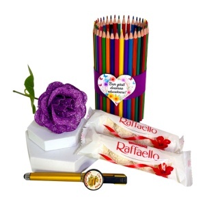 Set cadou pentru Educatoare, cu creioane colorate, pix personalizat, trandafir de sapun si Raffaello - Img 4