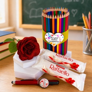Set cadou pentru Invatatoare, cu creioane colorate, pix personalizat, trandafir rosu de sapun si Raffaello - Img 2
