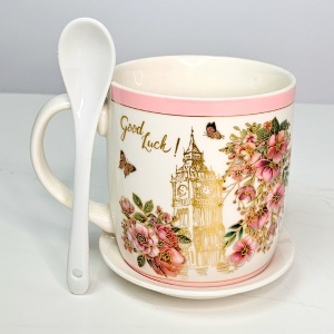 Set cana „Good Luck” cu lingurita si farfurie, din ceramica, decor floral roz, in cutie eleganta - Img 2