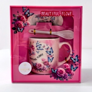 Set cana ceramica, farfurie si lingurita, Beautiful Flower, ambalata in punga cu fereastra, 200ml