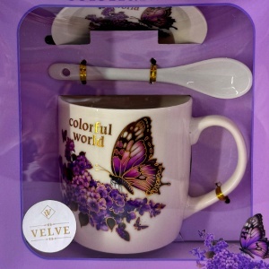 Set cana ceramica, farfurie si lingurita, Colorful World, ambalata in cutie cu fereastra, 200ml - Img 3
