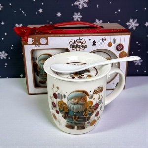 Set cana ceramica, farfurie si lingurita, cu Mos Craciun, ambalata in cutie cadou cu toarta, 200 ml - Img 4