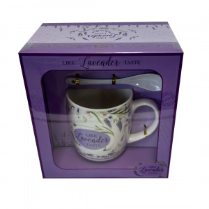 Set cana din ceramica Energy Mug, 300ml, cu lingurita si farfurie din ceramica, imprimata floral, in cutie eleganta, Lavender Taste - Img 5