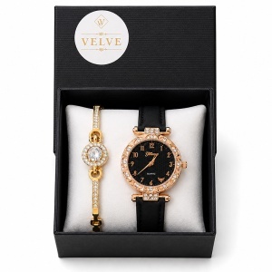 Set ceas dama cu cristale si bratara asortata, Negru-Rose Gold - Img 2