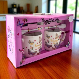 Set ceramic, Beautiful Life, doua cani imprimate, doua lingurite ceramice si farfurii in ton, Roz-Mov - Img 3