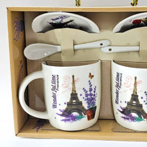 Set ceramic, LOVE Paris, doua cani imprimate cu Turnul Eiffel, 350ml, doua lingurite ceramice si farfurii asortate, in cutie eleganta, Ghiveci Lavanda Bej 2