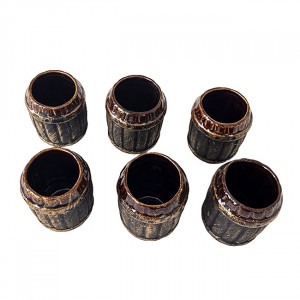 Set ornamental, practic din ceramica cu sticla in forma de pistol si 6 pahare, Maro/Negru