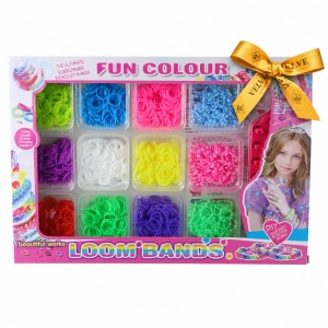 Set creativ pentru realizat bratari Loom Bands Fun Colour, aparat pentru impletit si elastice multicolore, 3+ ani