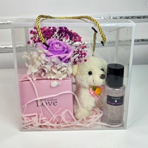 Set cu ursulet de plus crem, trandafir mov de sapun, gypsophila criogenata si Shine Body Mist 90 ml - Img 6