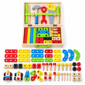 Set de scule din lemn pentru copii, 69 piese, cutie portabila, accesorii de constructie, 3ani+ - Img 4