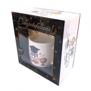 Set din ceramica cadou absolvire, cana 300ml, cu lingurita, farfurie si cutie eleganta, Negru/Alb - Img 3
