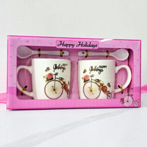 Set elegant ceramic, Happy Holidays, cu doua cani imprimate, 300ml si doua lingurite ceramice, in cutie eleganta, Retro Bicycle, Mov 3