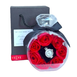 Set floral My Only Rose, ambalaj decorativ tip sticla parfum, Trandafiri de sapun si ceas de dama cu cristale, in cutie eleganta cu mesaj - Img 7