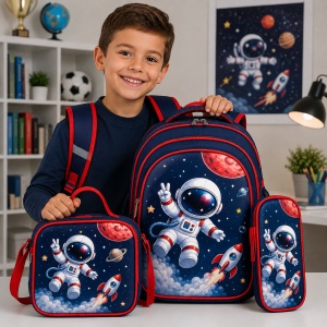 Set ghiozdan baieti pentru scoala 3 piese cu astronaut si racheta, 42 x 33 cm - Img 2