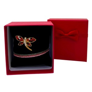 Set Martisor bratara cu cristale multicolore si brosa libelula rosie cu cristale, in cutie eleganta rosie - Img 2