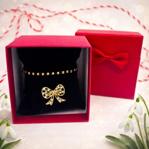 Set martisor premium, cu bratara negru-auriu cu bilute si brosa fundita stralucitoare - Img 2