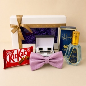 Set pentru barbati Amethyst Pink Edition cu parfum arabesc Taj Al Malik 50 ml, papion roz, butoni, ac de cravata si ciocolata - Img 4