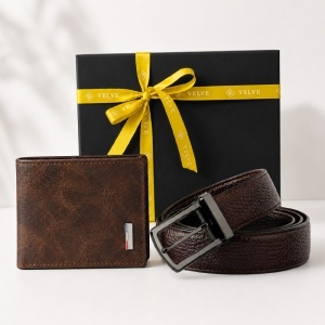 Set pentru barbati Cognac Edition, cu portofel bifold texturat si curea din piele eco maro inchis, in cutie eleganta - Img 5
