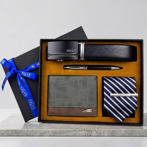 Set pentru barbati JESOU COLLECTION, cutie premium cu portofel, curea, cravata cu ac si pix elegant, Negru - Albastru