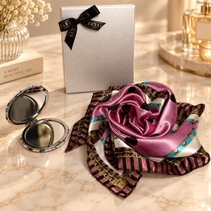 Set pentru femei Satin Glow cu esarfa satinata 50x50 cm si oglinda compacta, in cutie eleganta, roz-lila multicolor - Img 4
