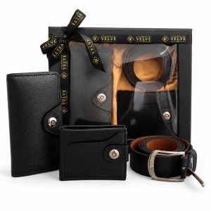 Set premium pentru barbati All-in-One Executive Black Edition, cu portofel vertical, portofel de buzunar cu clapeta si curea din piele eco