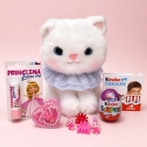 Set premium pentru fetite, Pisicuta de plus cu guler dantelat, dulciuri Kinder, bratari si accesorii de par, in punga eleganta cu funda - Img 4