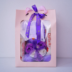 Set cadou Special Valentine, cu ursulet de plus, trandafiri din sapun in cutie eleganta si bomboane Raffaello, Mov