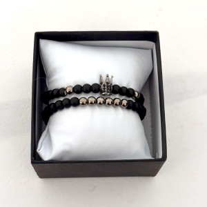 Set Royal pentru barbati, doua bratari cu pietre semipretioase si cristale zirconiu, ambalate in cutie neagra cu pernuta, Negru/Silver - Img 4