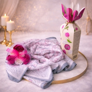Set Special Spring, cu esarfa, bomboane de ciocolata si sase trandafiri din sapun in cutie eleganta, Roz