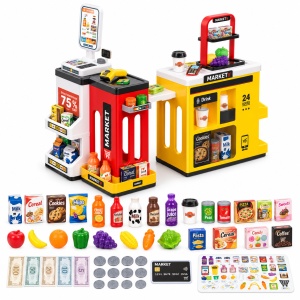 Set Supermarket pentru copii, 65 piese, casa de marcat, scaner, lumini si sunete, multicolor, 3+ ani