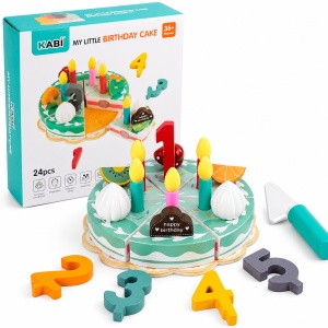 Set tort aniversar din lemn Kabi cu felii, lumanari si cifre, multicolor, 3+ ani